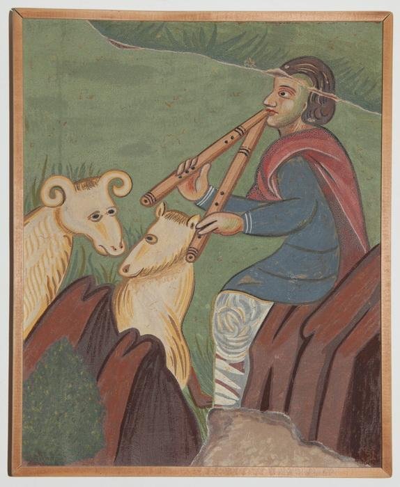 Serbia, Gradac, The Birt of Christ, detail- Shepherd with sheep, copy of fresco, Painting Jovanovic B. Zoran