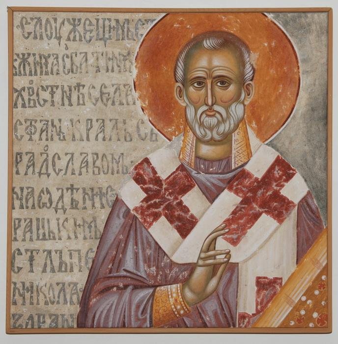 Serbia, Monastery Zica, Saint Nicholas, detail, copy of the fresco, Painting Jovanovic B. Zoran