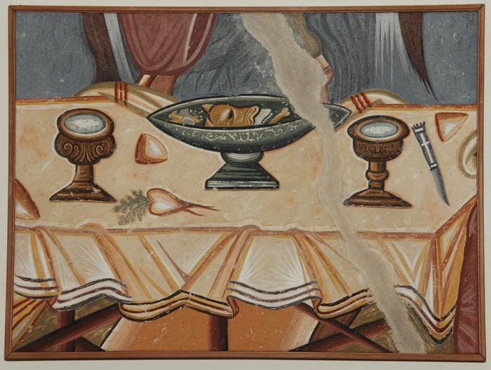 Serbia, Dj.Stubovi, Holy Trinity, detail- Table with food, copy of the fresco, Painting Jovanovic B. Zoran