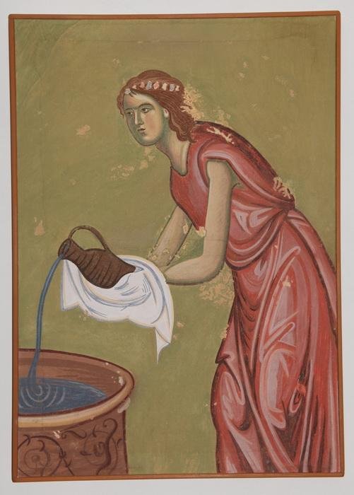 Sopocani,The birth of Christ, detail- The girl who bath a child, copy of the fre