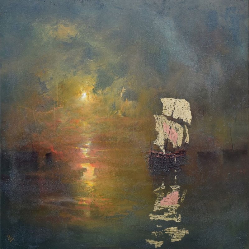 ` Harbor of destroyed dreams - Emerald Night` , Painting Grozdanovski Ivan