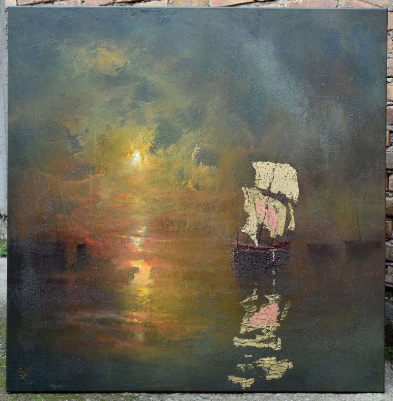 ` Harbor of destroyed dreams - Emerald Night` , Painting Grozdanovski Ivan