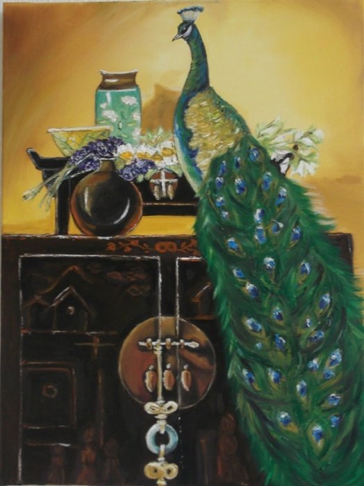 Peacock , flowers, Painting Anica Mladenovic