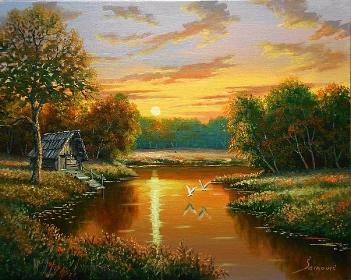 Sunset on the river, Painting Borko Šainović