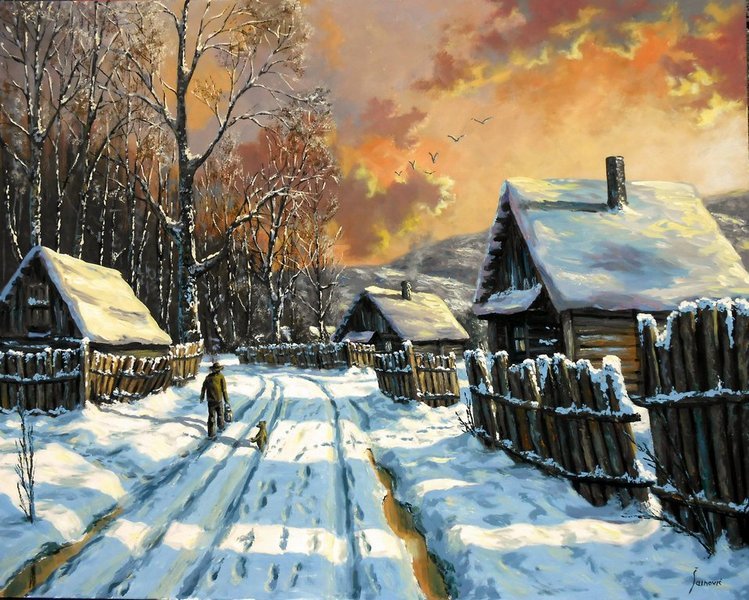 Winter in the village, Painting Borko Šainović