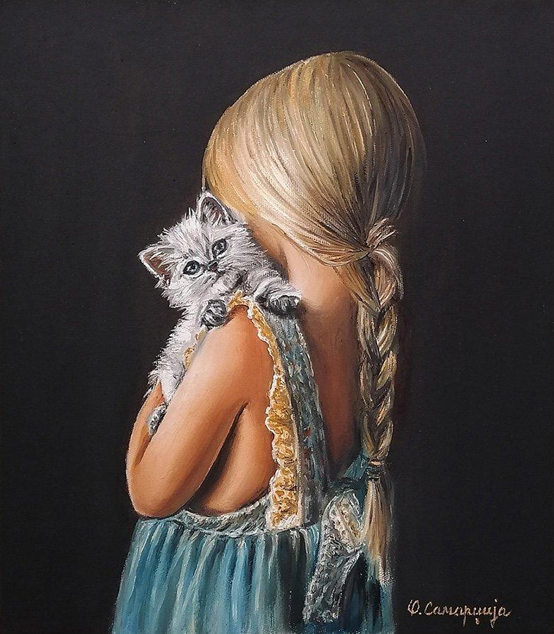 Little girl with a kitten, Painting Samardzija Olivera Olja