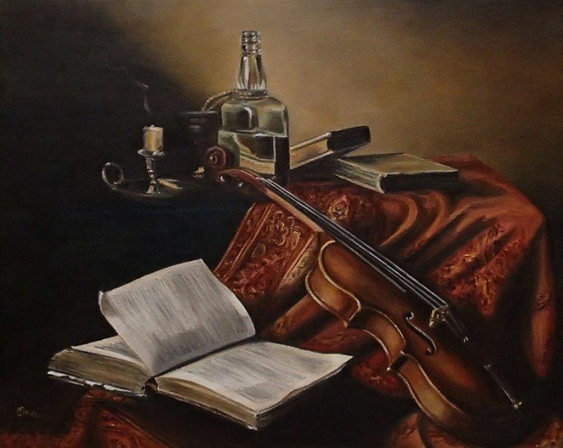 Violin and book, Painting Samardzija Olivera Olja