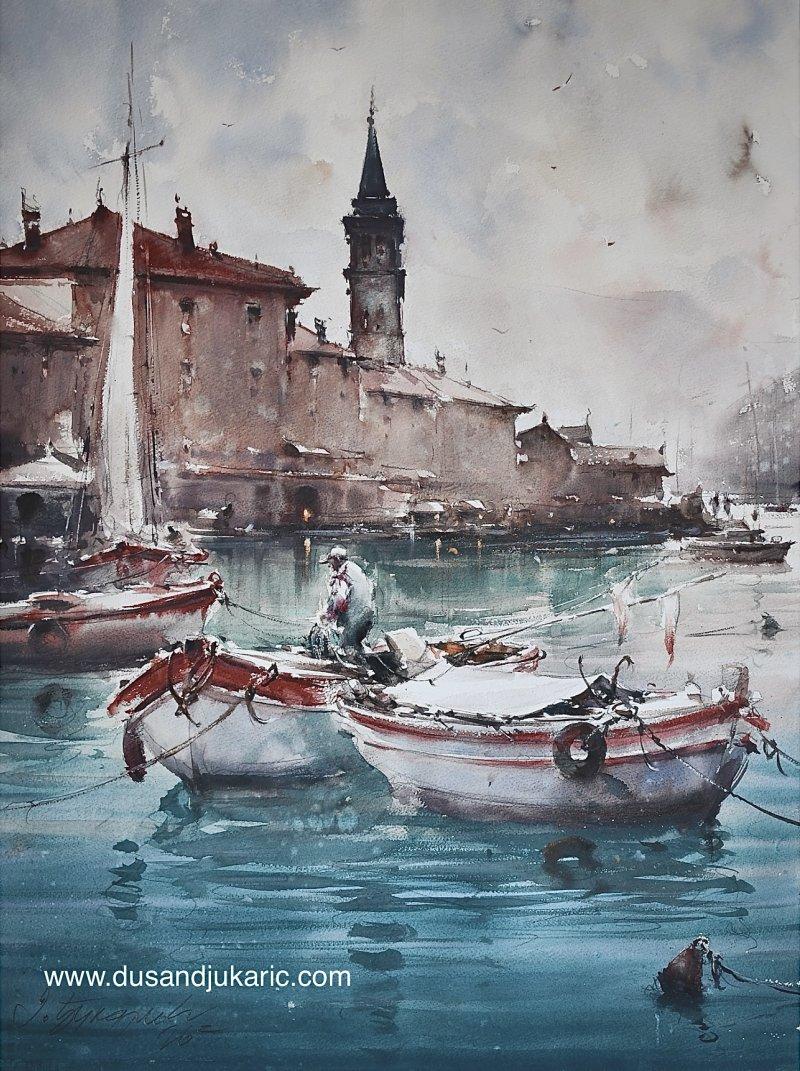 Boats in Perast, Painting Djukaric Dusan