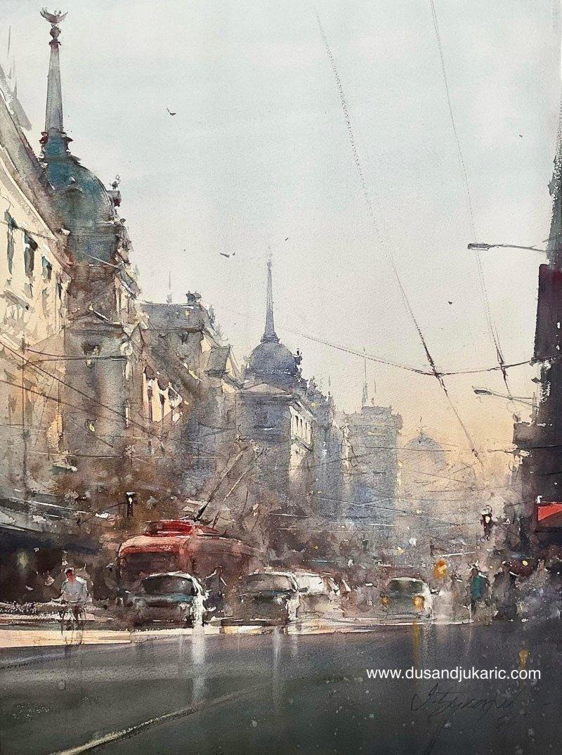 Morning on King Milan Street, Painting Djukaric Dusan