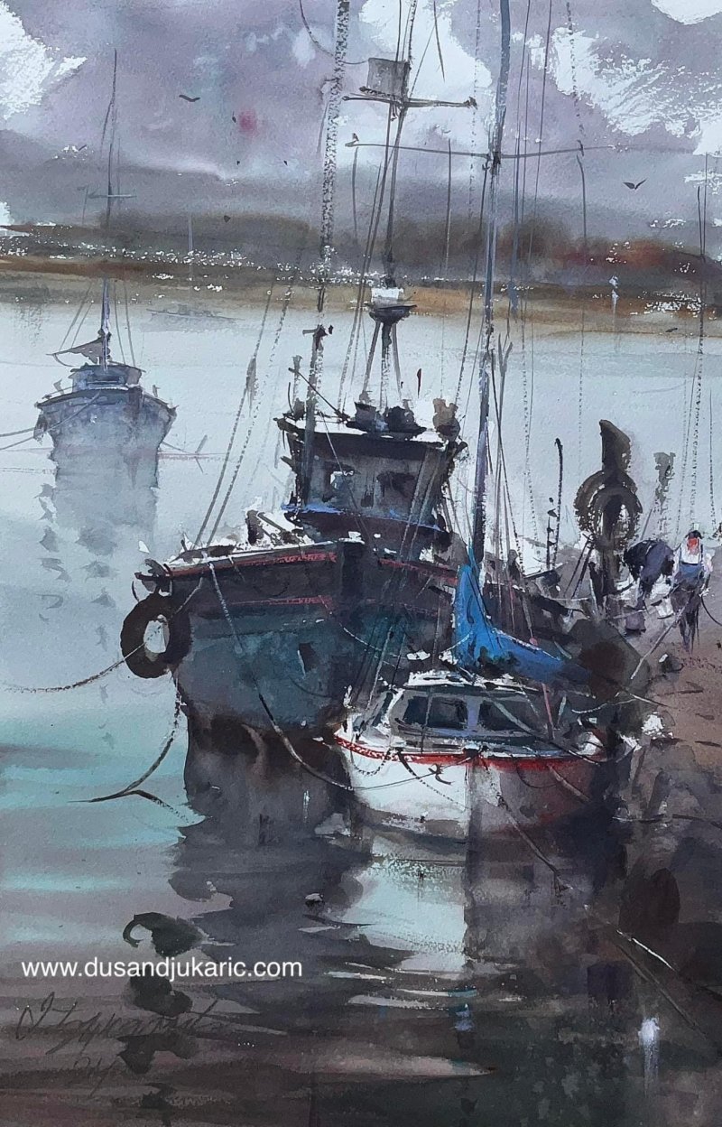 Tying of the boats, Painting Djukaric Dusan