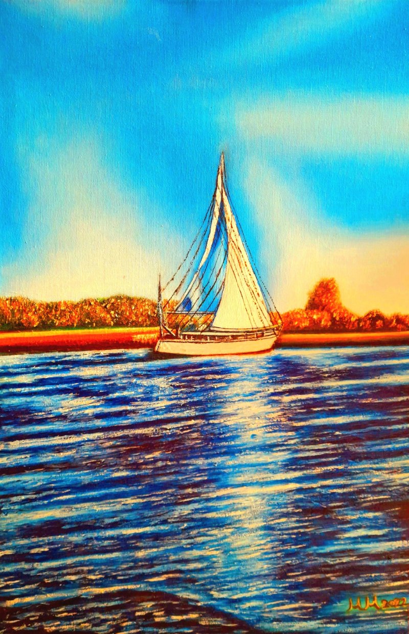 Sailboat in distance, Painting Marija Mitrovic
