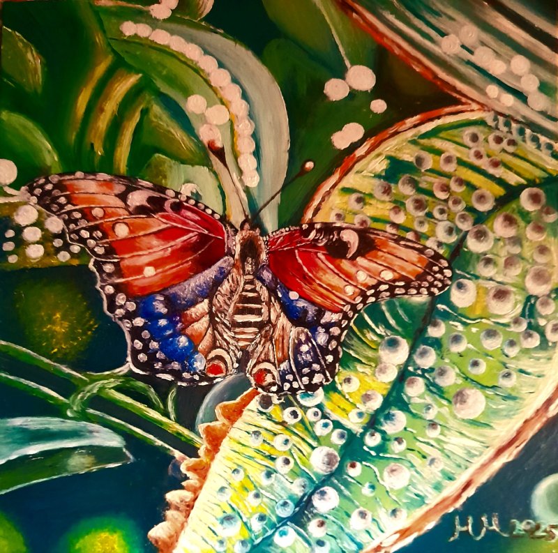 Butterfly  in  the Green leaf, Painting Marija Mitrovic