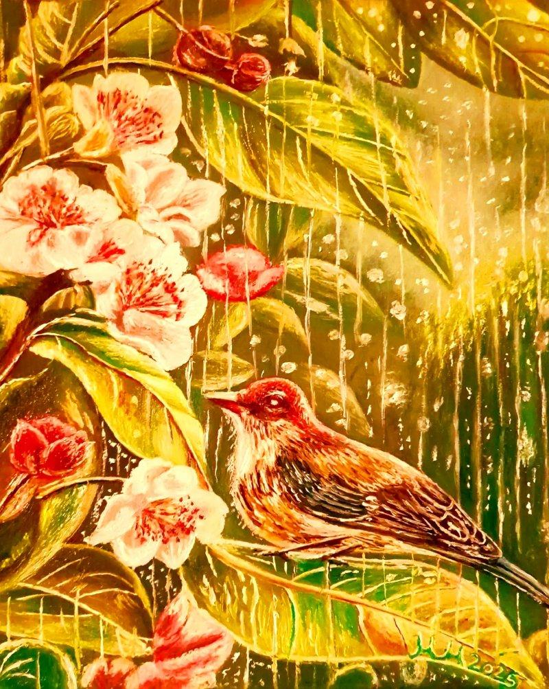 Sparrow  in  the  Rain, Painting Marija Mitrovic