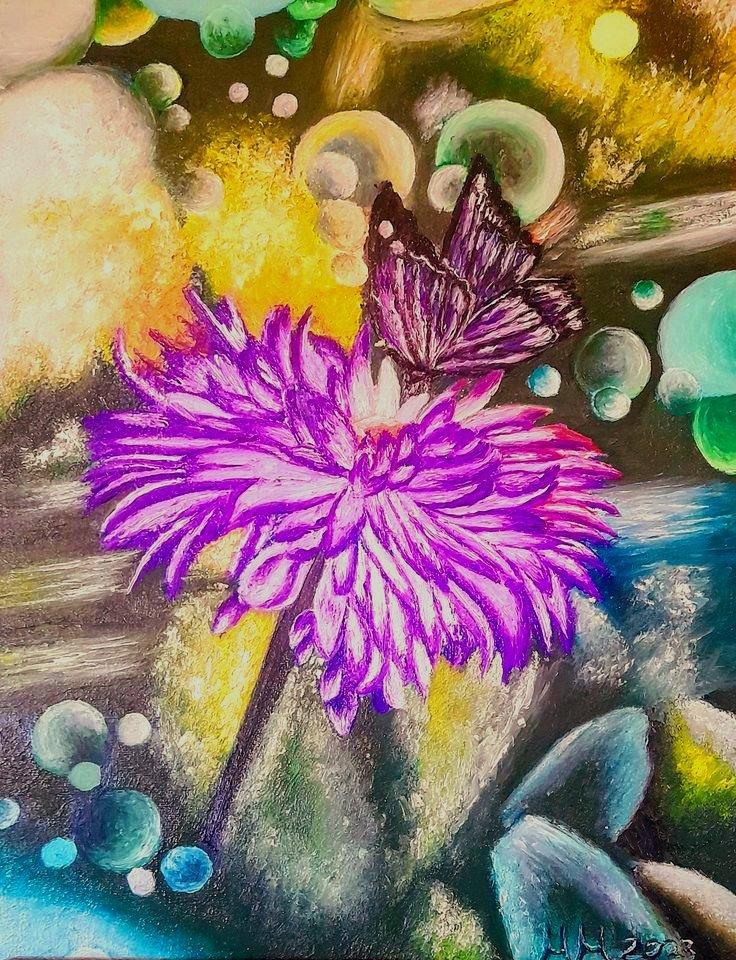Purple flower and butterfly, Painting Marija Mitrovic