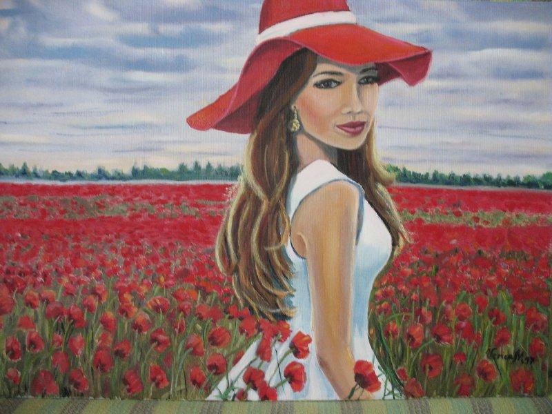 girl in field of poppies, Painting Malbašić Verica