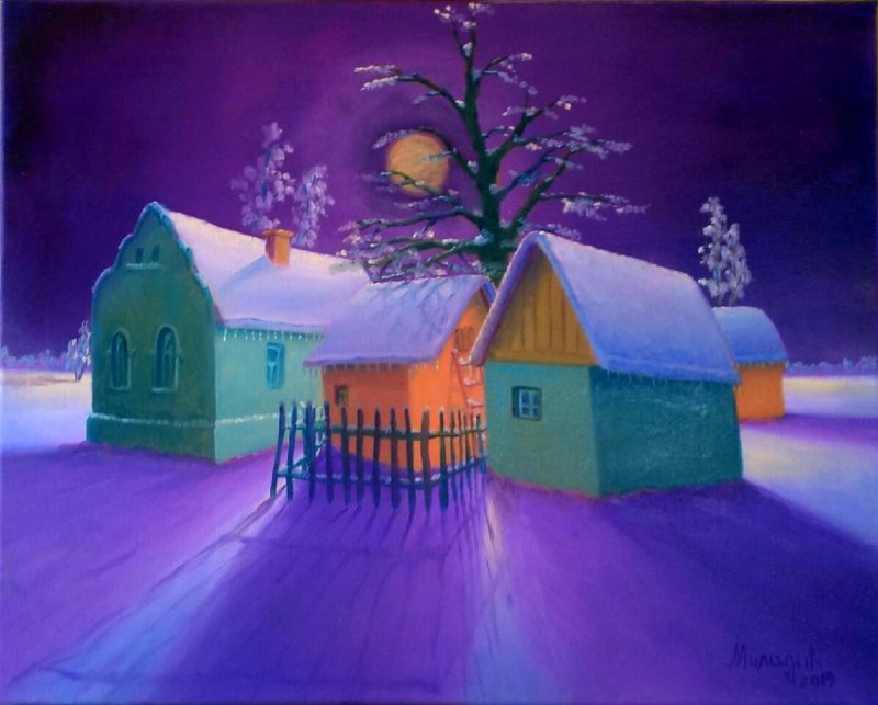 Full moon over fields, Painting Miladic Svetlana