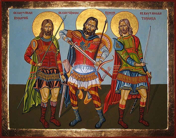 Ikona SVETI SRPSKI RATNICI (MILOS OBILIC, IVAN KOSANCIC, MILAN TOPLICA) 50x70 cm, Painting ORTHODOX ICONS- artist Miloš Timotijević