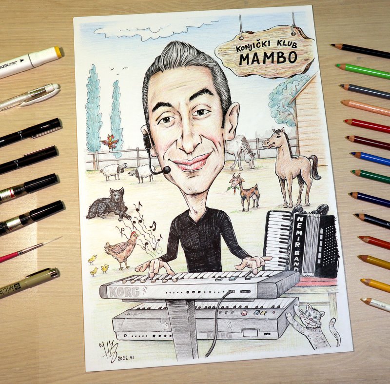 portrait- caricature `A musician on a horse farm`, Painting DJUKAN ~ CARICATURES