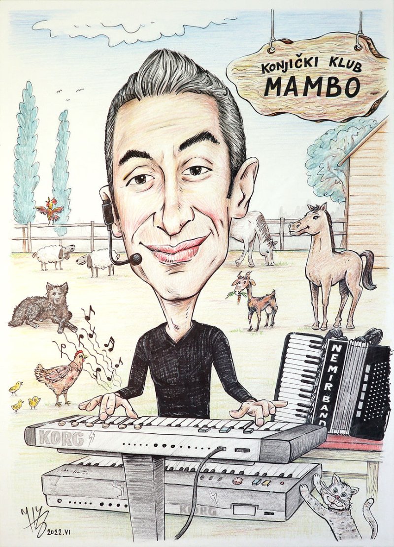 portrait- caricature `A musician on a horse farm`, Painting DJUKAN ~ CARICATURES