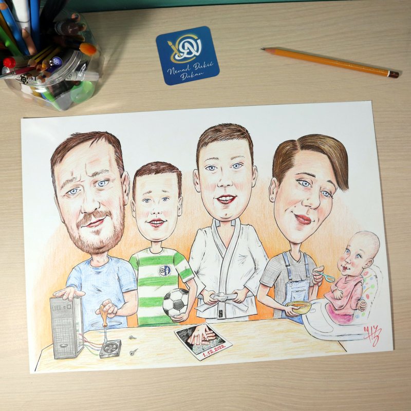 Family caricature, Painting DJUKAN ~ CARICATURES