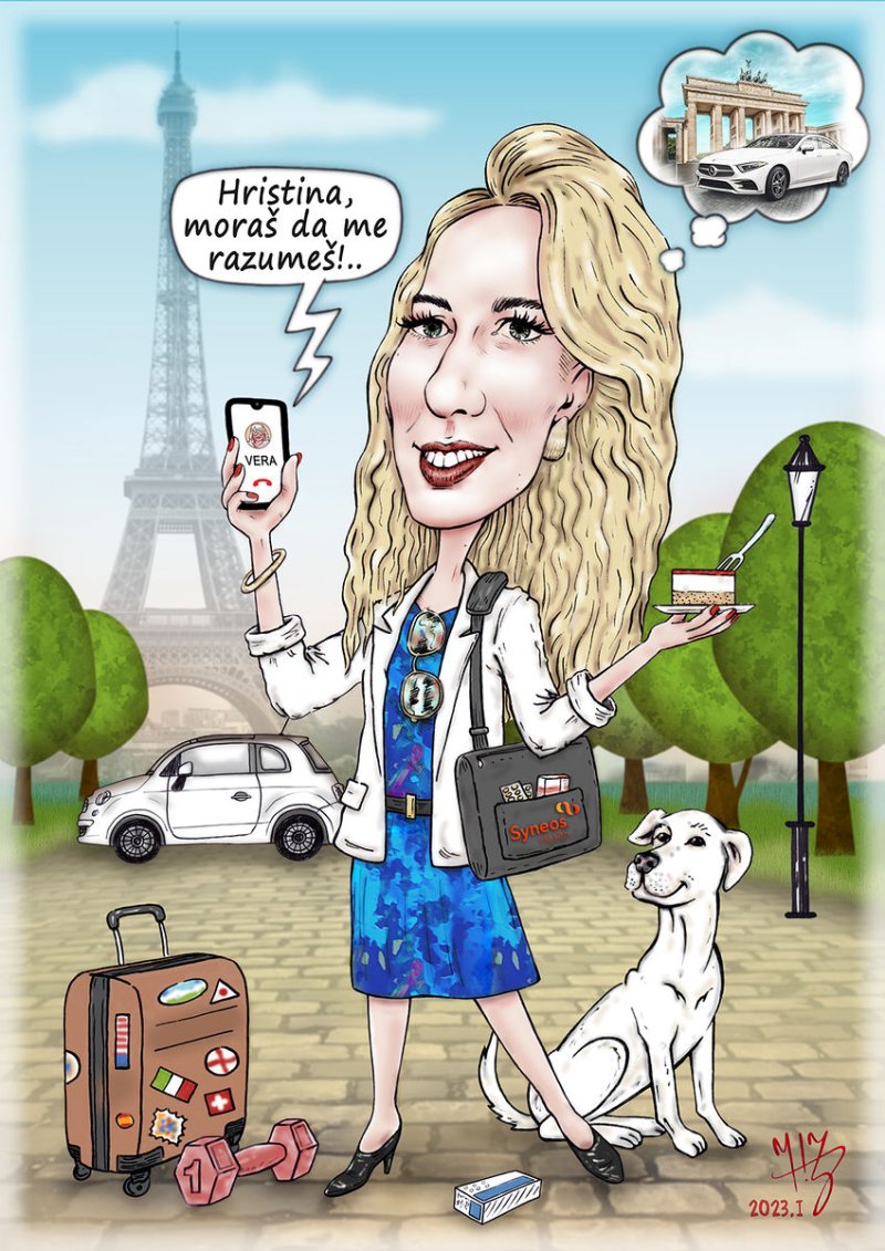 `Hristina in Paris` - portrait caricature, Digital Art DJUKAN ~ CARICATURES