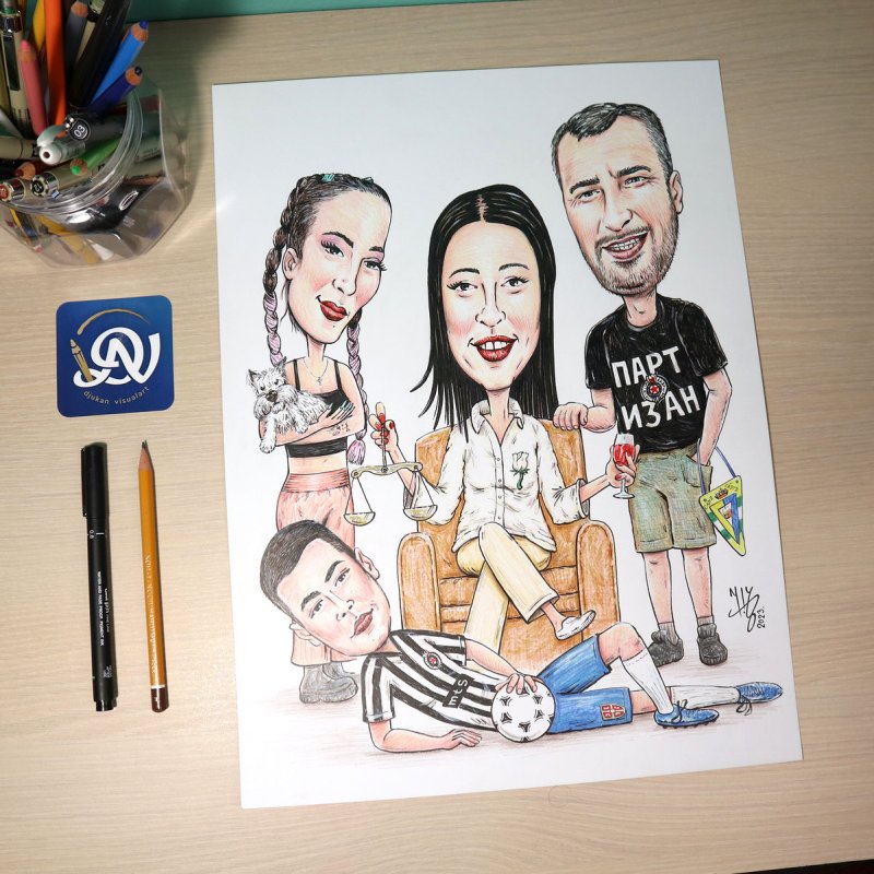 Đorđević family; a portrait caricature, Painting DJUKAN ~ CARICATURES