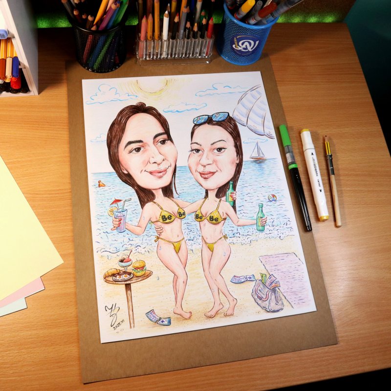 FRIENDS ON THE BEACH - PORTRAIT CARICATURE, Painting DJUKAN ~ CARICATURES
