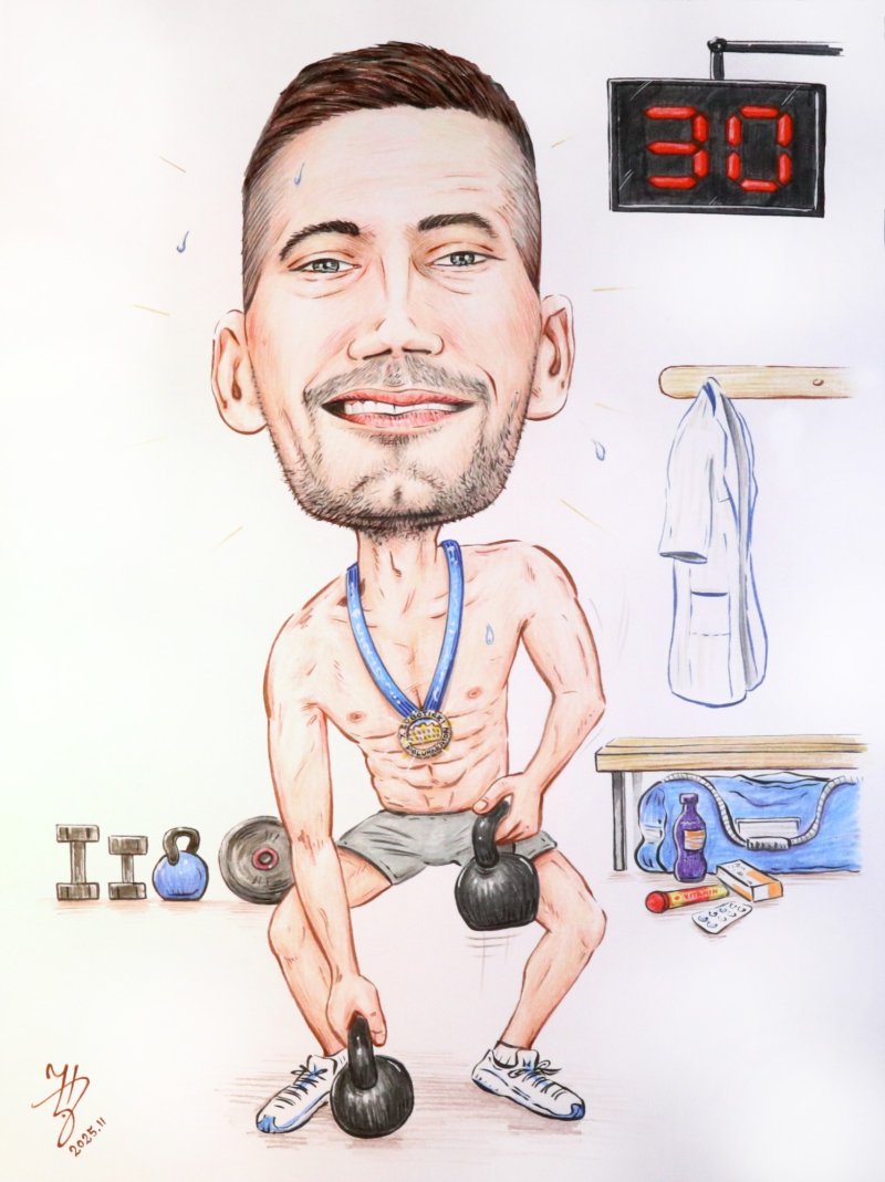 SRDJAN IS TRAINING - PORTRAIT CARICATURE, Painting DJUKAN ~ CARICATURES