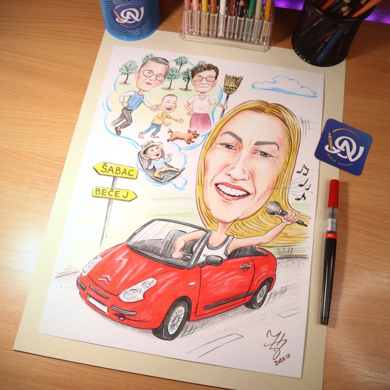 TETKA VOZI KABRIO - PORTRET KARIKATURA, Slika ĐUKAN ~ KARIKATURE