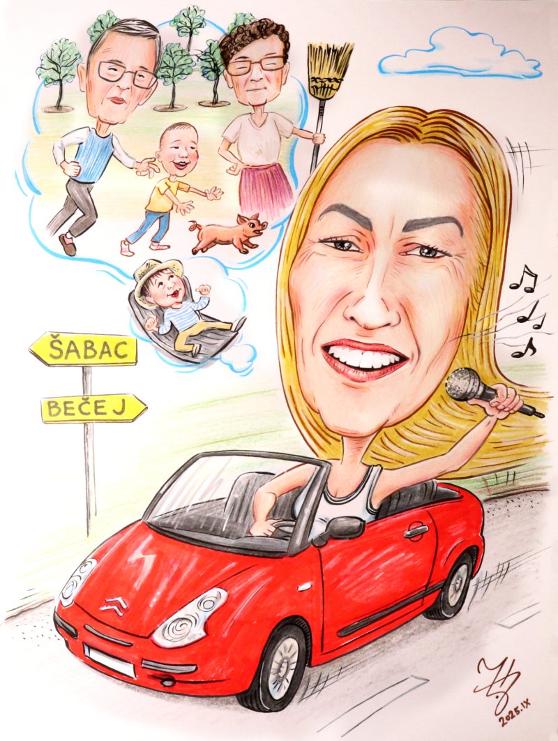 TETKA VOZI KABRIO - PORTRET KARIKATURA, Slika ĐUKAN ~ KARIKATURE