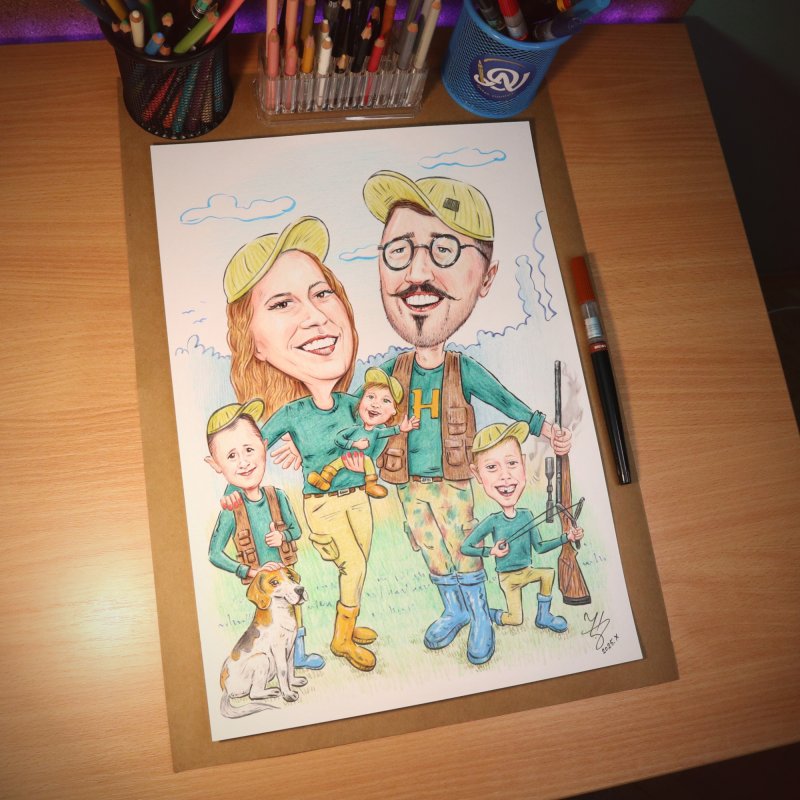 HUNTERS FAMILY - PORTRAIT CARICATURE, Painting DJUKAN ~ CARICATURES