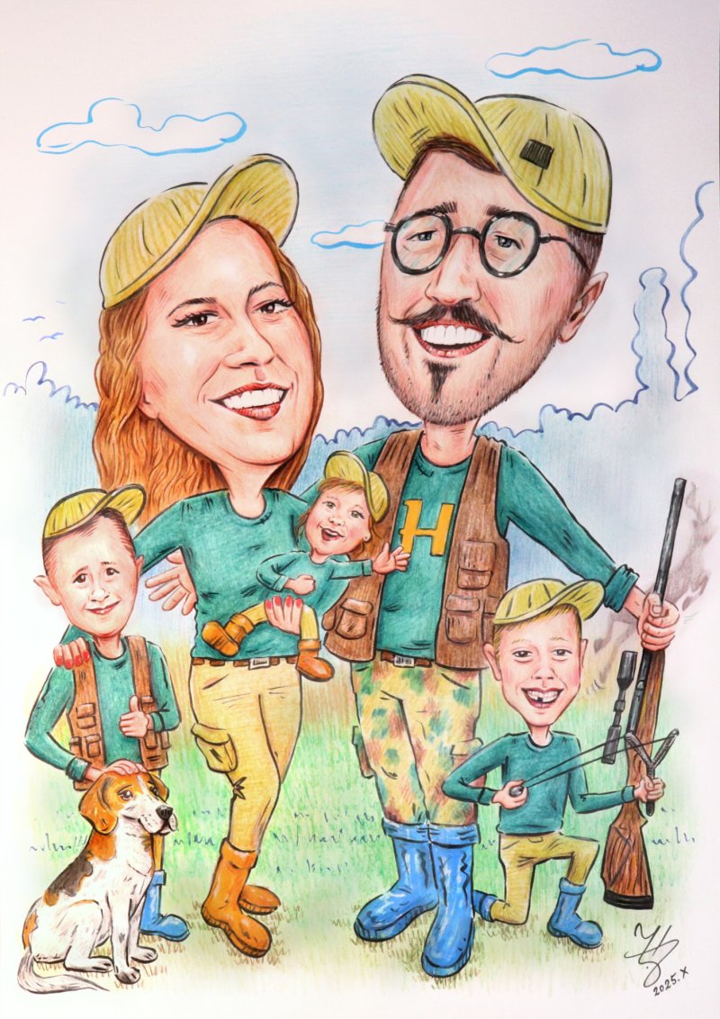 HUNTERS FAMILY - PORTRAIT CARICATURE, Painting DJUKAN ~ CARICATURES