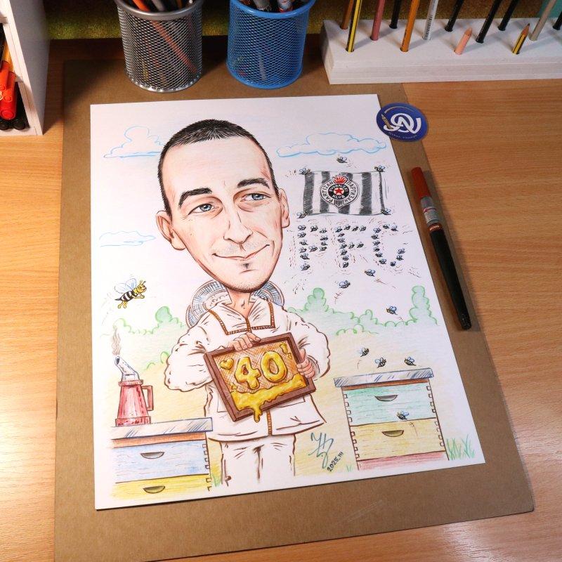 A BEEKEEPER AND A FAN OF FC PARTIZAN - PORTRAIT CARICATURE, Painting DJUKAN ~ CARICATURES