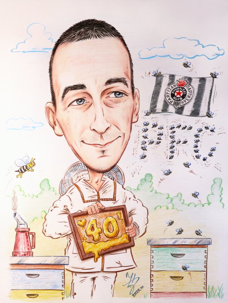 A BEEKEEPER AND A FAN OF FC PARTIZAN - PORTRAIT CARICATURE, Painting DJUKAN ~ CARICATURES