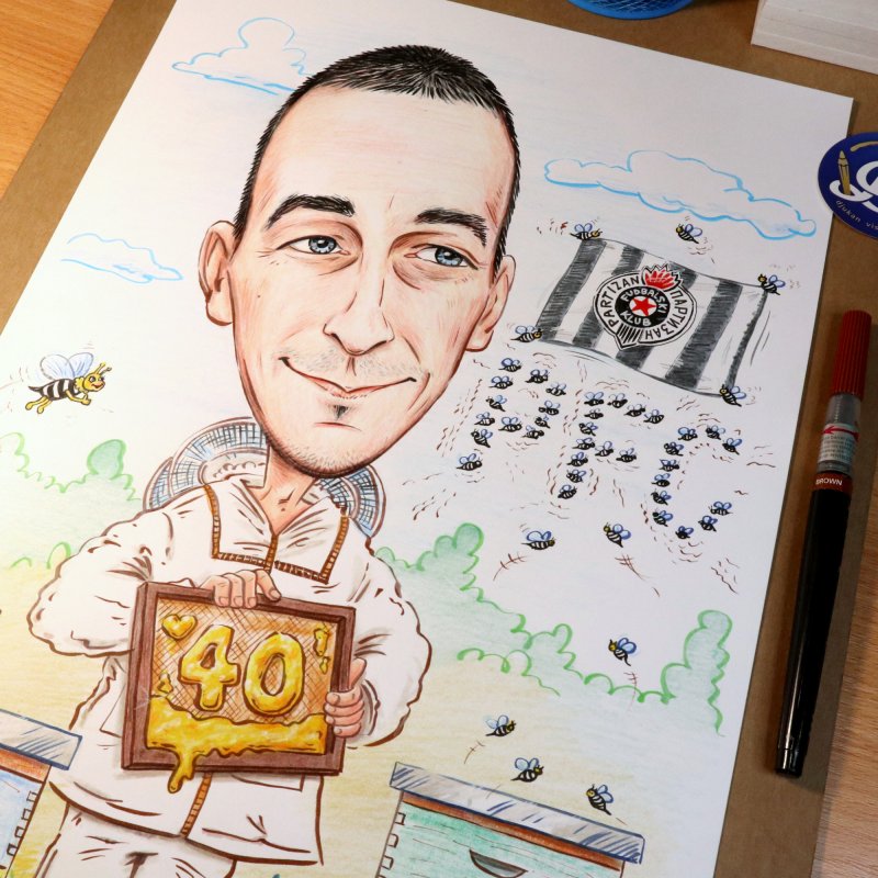 A BEEKEEPER AND A FAN OF FC PARTIZAN - PORTRAIT CARICATURE, Painting DJUKAN ~ CARICATURES