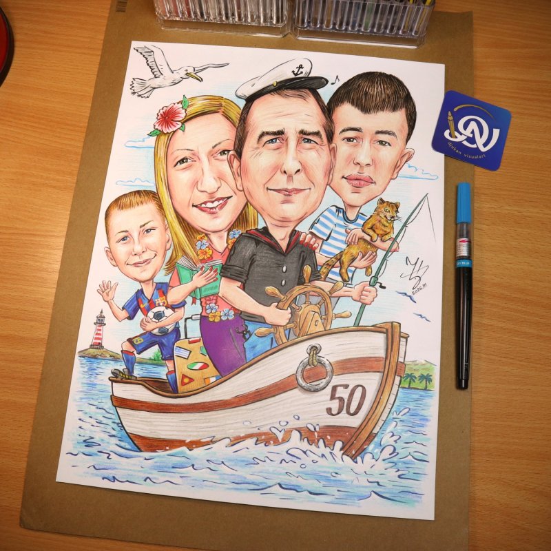 KAPETAN LADJE - PORODICNA PORTRET KARIKATURA, Slika ĐUKAN ~ KARIKATURE