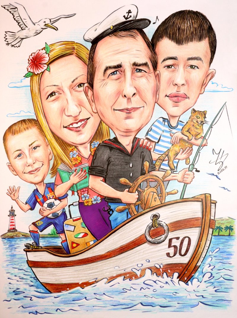 SHIP CAPTAIN - FAMILY PORTRAIT CARICATURE