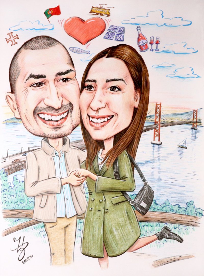 MARRIED COUPLE IN LISBON - PORTRAIT CARICATURE