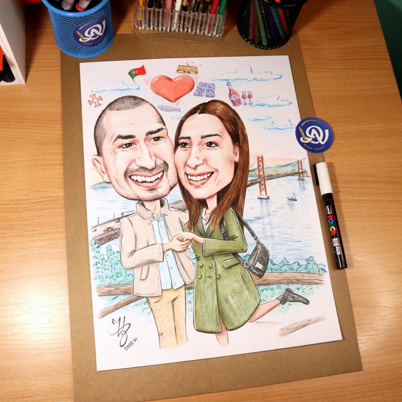 MARRIED COUPLE IN LISBON - PORTRAIT CARICATURE, Painting DJUKAN ~ CARICATURES