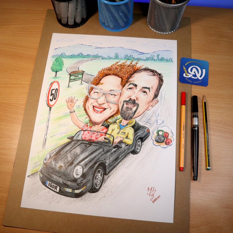 DRIVING IN PORSCHE - PORTRAIT CARICATURE, Painting DJUKAN ~ CARICATURES
