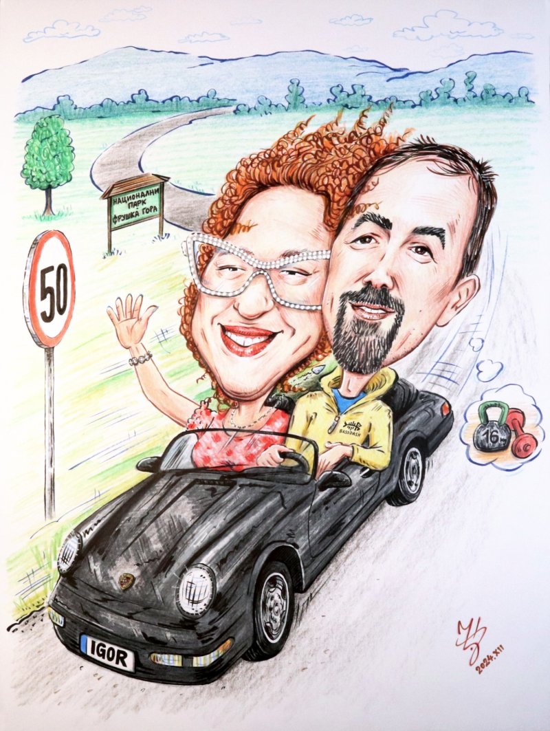 DRIVING IN PORSCHE - PORTRAIT CARICATURE, Painting DJUKAN ~ CARICATURES
