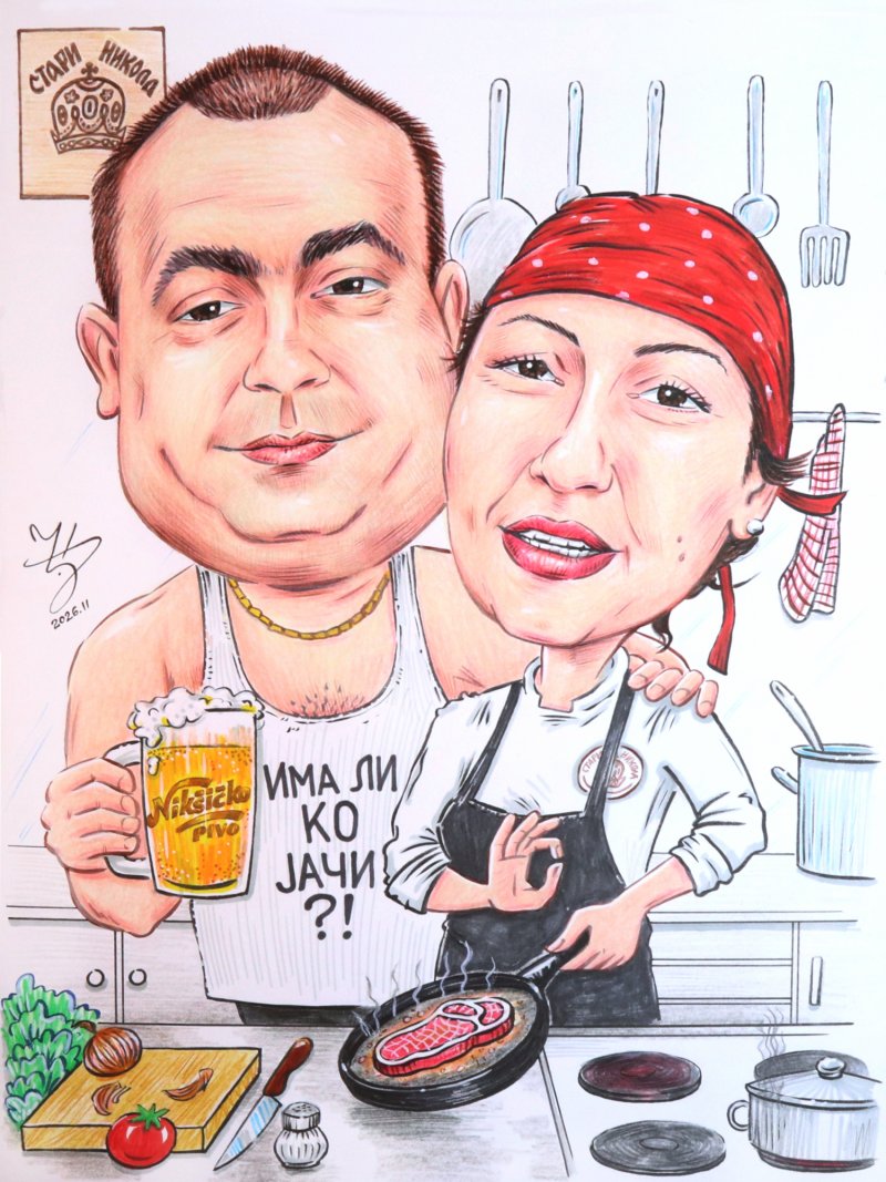 IN THE RESTAURANT KITCHEN - CARICATURE PORTRAIT, Painting DJUKAN ~ CARICATURES