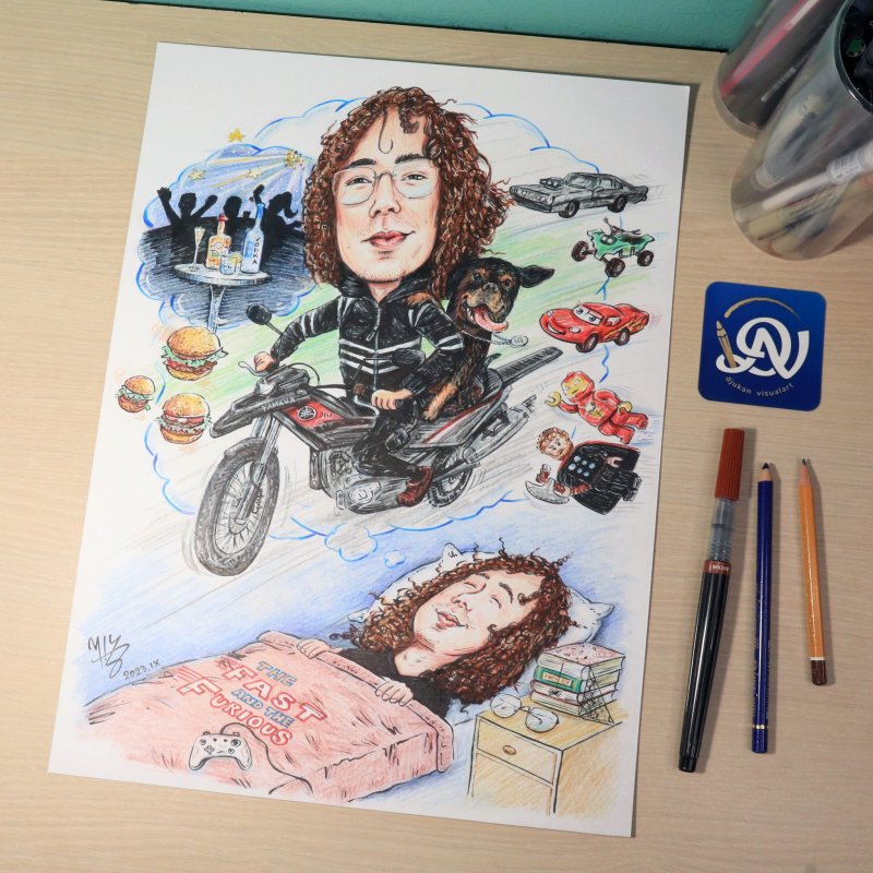 DARKO MOTORCYCLIST - PORTRAIT CARICATURE, Painting DJUKAN ~ CARICATURES