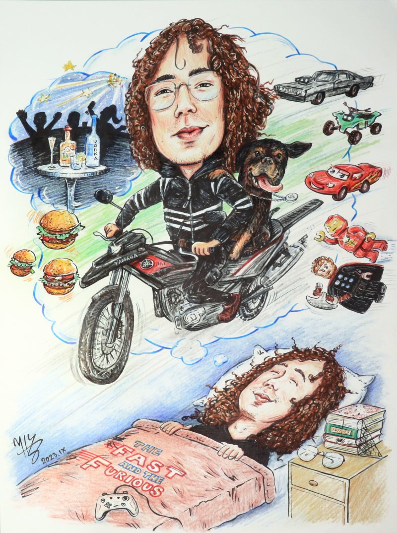 DARKO MOTORCYCLIST - PORTRAIT CARICATURE, Painting DJUKAN ~ CARICATURES