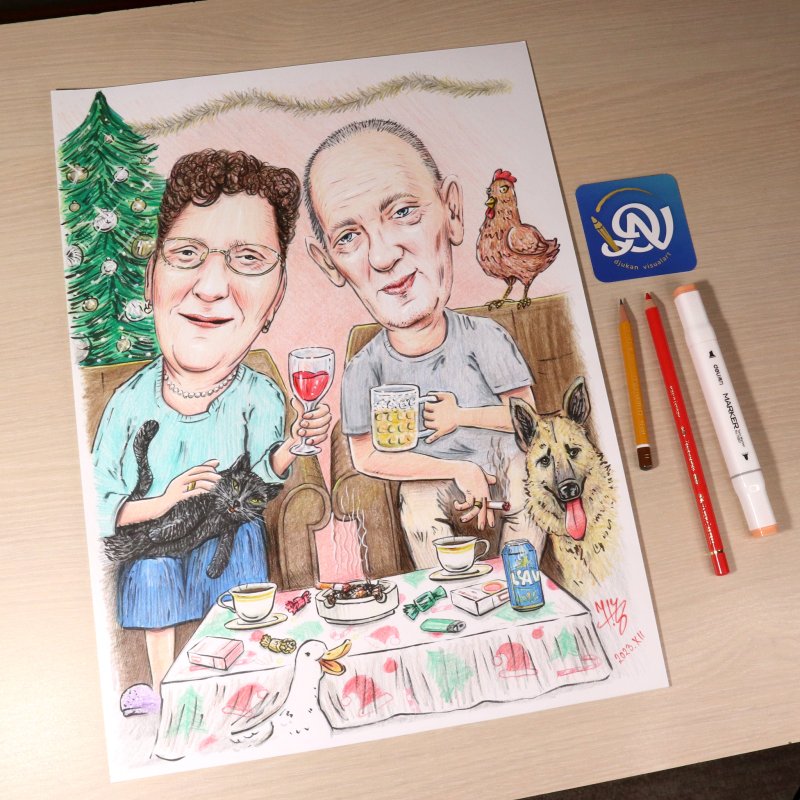 CHRISTMAS AT GRANDPARENTS - PORTRAIT CARICATURE, Painting DJUKAN ~ CARICATURES