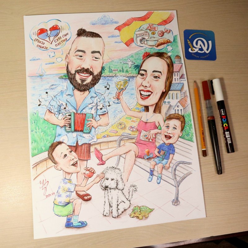 PORODIČNI ODMOR U ŠPANIJI - PORTRET KARIKATURA, Slika ĐUKAN ~ KARIKATURE