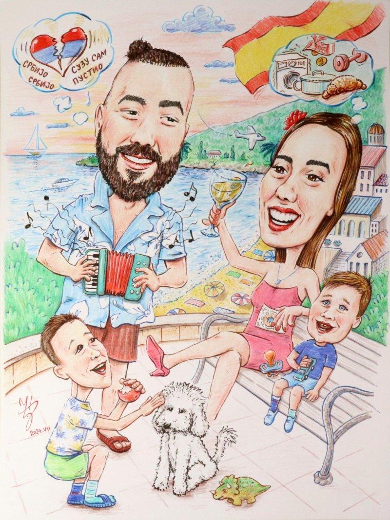 PORODIČNI ODMOR U ŠPANIJI - PORTRET KARIKATURA, Slika ĐUKAN ~ KARIKATURE