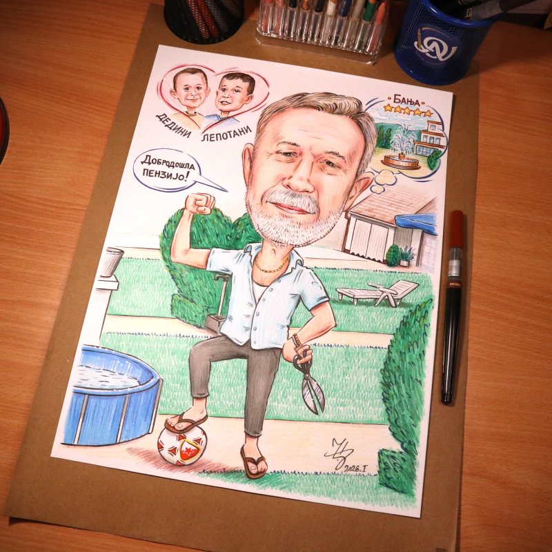 GRANDPA IS RETIRING - CARICATURE PORTRAIT, Painting DJUKAN ~ CARICATURES