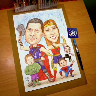 SUPERHERO FAMILY - CARICATURE PORTRAIT, Painting DJUKAN ~ CARICATURES