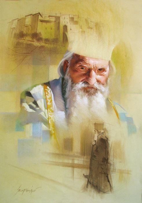 Portret, Patrijarh Pavle, pastel, Slika Portreti, Sretenovic Miroljub